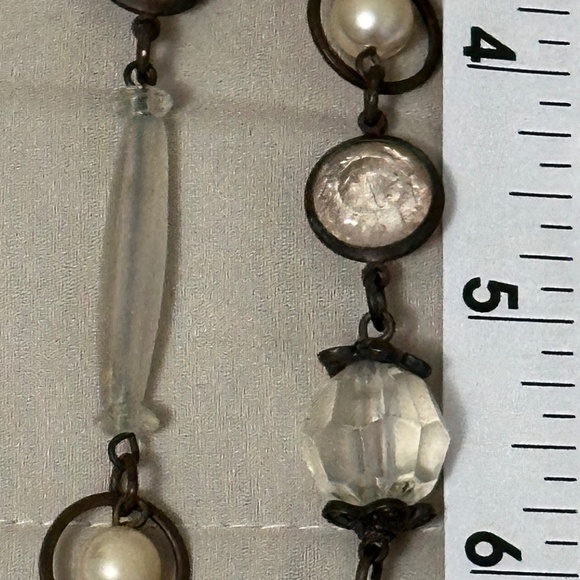 Faux Pearl & Clear Bead Several Sizes Necklace w/Dark Brown Chain Vintage - Picture 6 of 9
